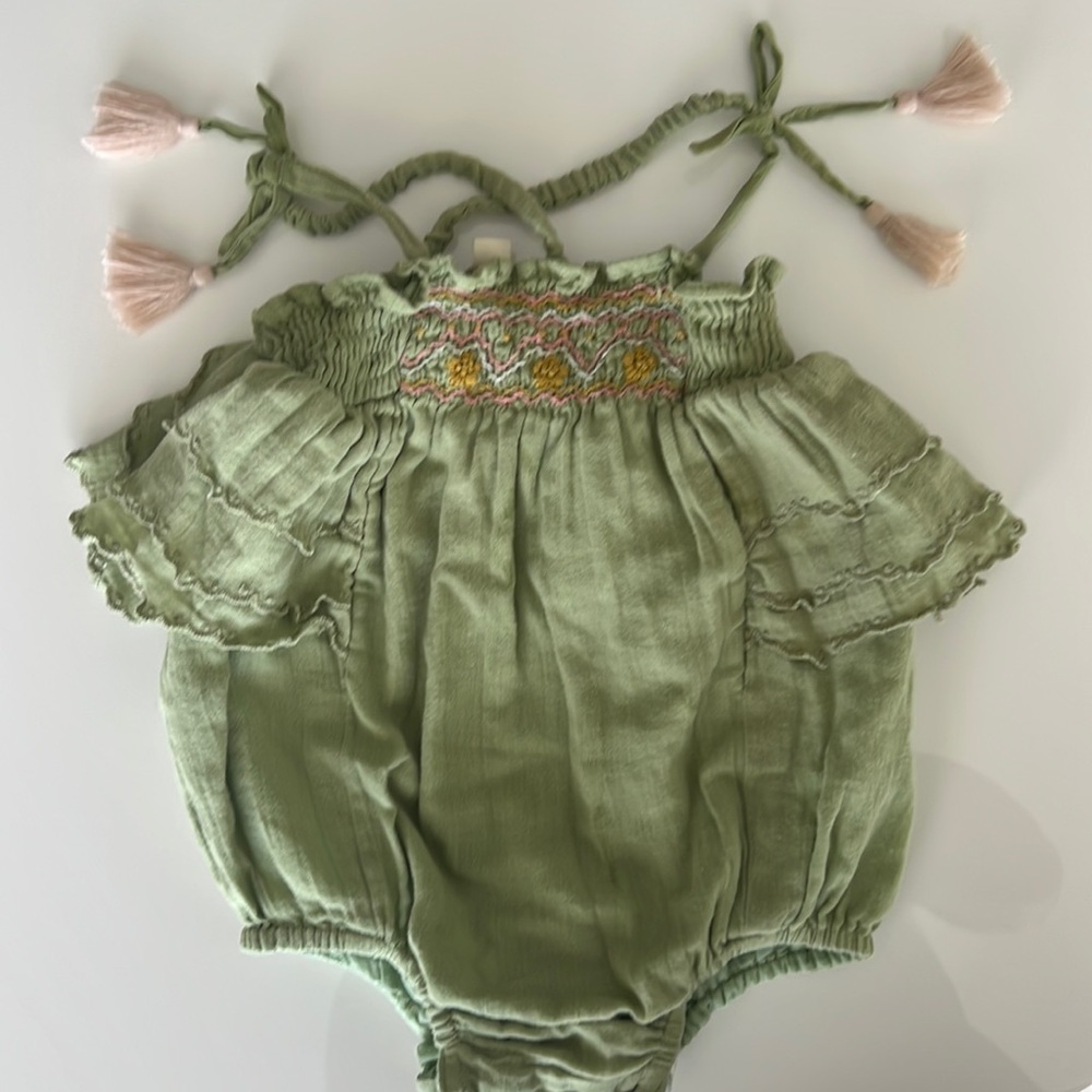 Louise Misha Emmaline organic Cotton Romper- Olive 6 mos